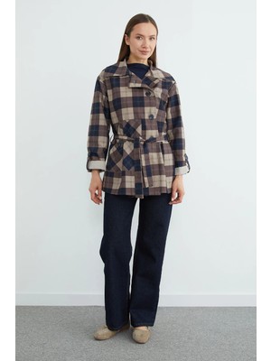 FullaModa Ekose Desenli Kuşaklı Trençkot