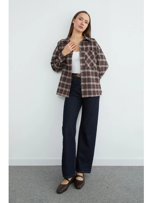 FullaModa Ekose Desenli Tek Cepli Oversize Gömlek