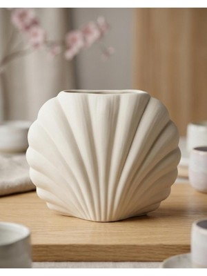 Skygo Modern Dekoratif Vazo Istiridye Model Seramik Şık Dekorasyon Çiçeklik Vazo(Krem) Renk