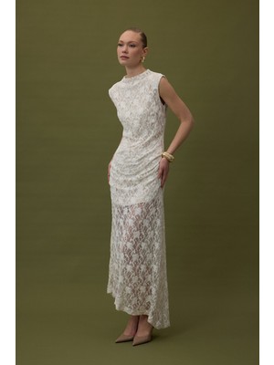 Sateen Dantel Kolsuz Elbise