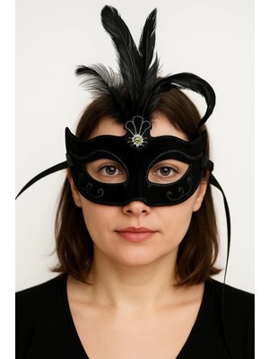 Eco Port Siyah Renk Tüylü Siyah Süet Kaplama Parti Balo Maskesi 20X16 cm