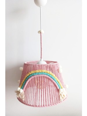 Allians Pembe Makrome Ip Sargılı Gökkuşağı Aplikeli Ekru Ponponlu Bebek Odası Avize