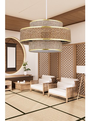 Allians Modern Trio Metal Kasalı Hasır Kaplama Bej Kumaş Salon Avize