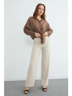 FullaModa Jakarlı Düğmeli Transparan Gömlek