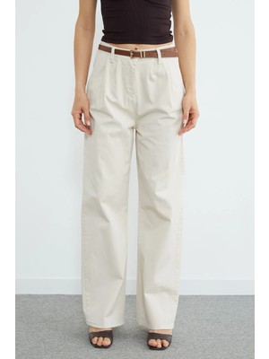 FullaModa Beli Lastikli Kemerli Gabardin Palazzo Pantolon