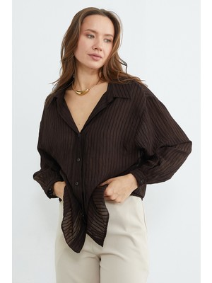 FullaModa Çizgili Jakarlı Salaş Gömlek