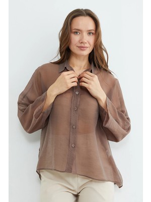 FullaModa Jakarlı Kapri Kol Transparan Gömlek