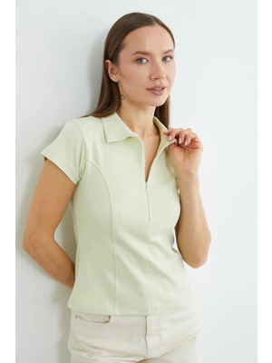 FullaModa Basic Yarım Fermuarlı Polo Yaka Slim Fit Tişört