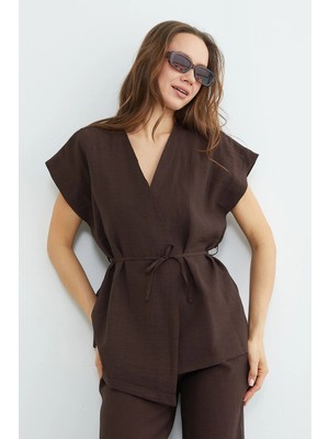 FullaModa Beli Bağlamalı Düşük Kol Yelekli Krinkıl 2 Li Takım