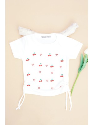 FullaModa Kiraz ve Kalp Nakışlı Yanları Büzgülü Kız Çocuk Tişört