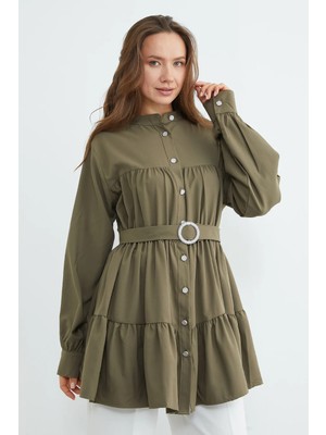 FullaModa Fullamodest Beli Kemerli Taşlı Tunik
