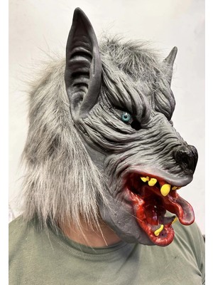 Eco Port Kafaya Tam Geçmeli Lateks Dil Çıkaran Mavi Gözlü Kurt Maskesi