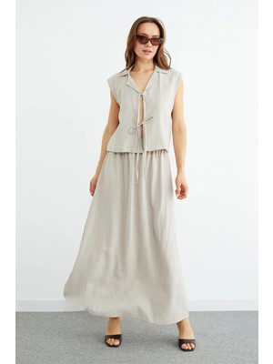 FullaModa Önü Bağlamalı Jakarlı Etekli 2 Li Takım