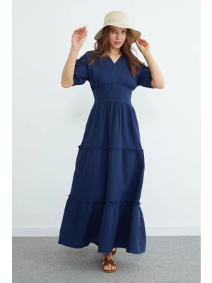 FullaModa Beli Gipeli Müslin Kumaş Maxi Boy Elbise