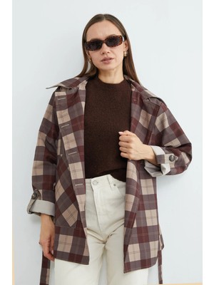 FullaModa Ekose Desenli Kuşaklı Trençkot