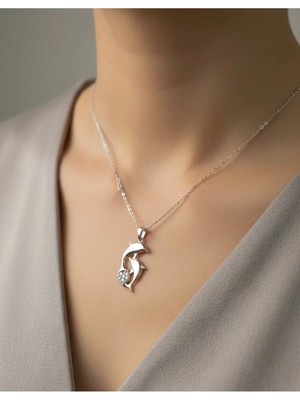 Çift Yunus Balığı Taşlı Kolye