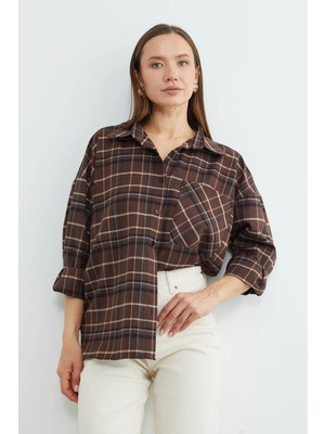 FullaModa Tek Cepli Ekose Desenli Oversize Gömlek