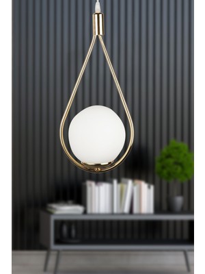 Allians Şık Gold Kaplama Meksika Tekli Avize, Beyaz Cam Detaylı Dekorasyon Parçası