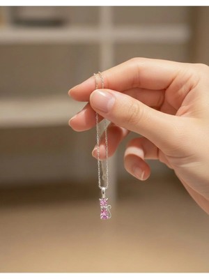 925 Ayar Gümüş Kedi Desenli Pembe Taşlı Kolye