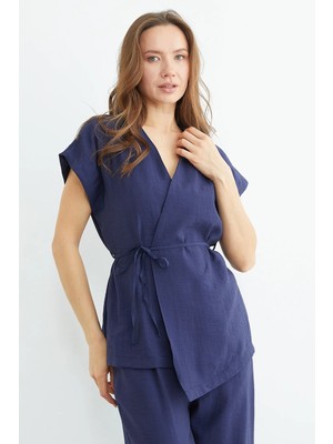 FullaModa Beli Bağlamalı Düşük Kol Yelekli Krinkıl 2 Li Takım