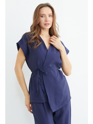 FullaModa Beli Bağlamalı Düşük Kol Yelekli Krinkıl 2 Li Takım