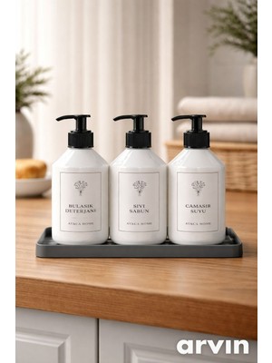 AY&ÇA Home 3'lü Beyaz Plastik Mutfak Lavabosu Seti Altlıklı Bulaşık Deterjanı Sıvı Sabun ve Çamaşır Suyu Etiketli 500 ml Şişe