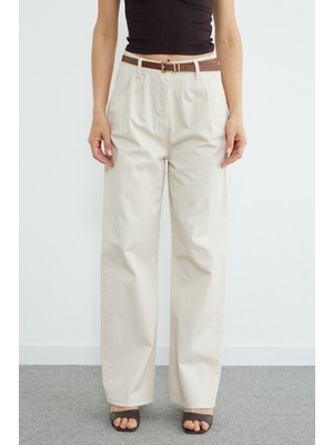 FullaModa Beli Lastikli Kemerli Gabardin Palazzo Pantolon