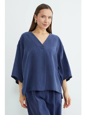 FullaModa Tek Düğmeli Tencel Kumaş Oversize Ceket