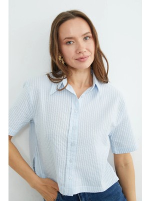 FullaModa Çizgili Oversize Crop Gömlek