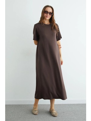 FullaModa Basic Bisiklet Yaka Midi Boy Modal Elbise