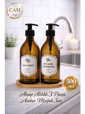AY&ÇA Home Bambu Stantlı 2'li Sıvı Sabun Bulaşık Deterjanı Etiketli Cam Şişe