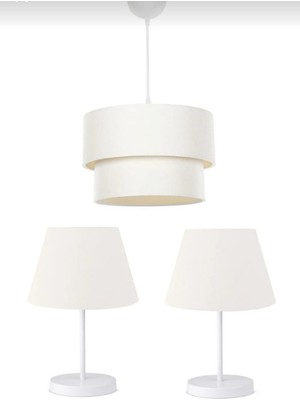 Allians 2'li Beyaz Ayaklı Konik Şapkalı Abajur ve Silindir Avize Seti
