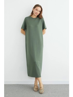 FullaModa Basic Bisiklet Yaka Midi Boy Modal Elbise