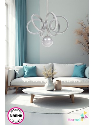 Allians 3 Renk Yanabilen Camlı Modern LED Avize, Şık ve Şeffaf Tasarım