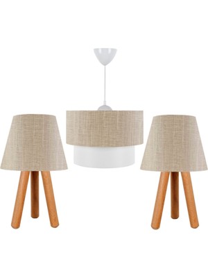 Allians Şık 3'lü Avize ve Ahşap Abajur Seti, Modern ve Estetik Tasarım