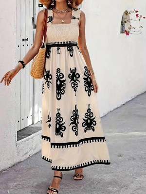 Nidam Butik Kadın Askılı Kare Yaka Gipe Detaylı Desenli Suprem Elbise