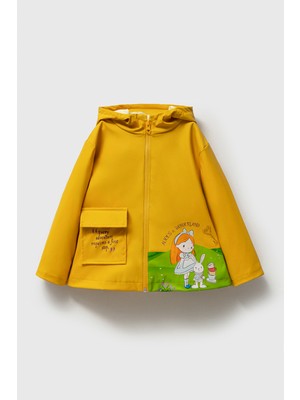 Maya And Luca Alice In Wonderland Baskılı Kauçuk Su Geçirmez Su Itici Pamuk Astarlı Kız Çocuk Yağmurluk Sarı
