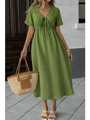 Buğrahayalin Kadın V Yaka Büzgülü Ip Detay Aerobin Kumaş Elbise