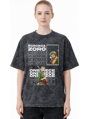 Sevbano Tasarım Roronoa Zoro One Piece Anime Baskılı Unisex Oversize Eskitme Yıkamalı Tişört