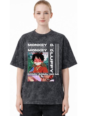 Sevbano Monkey D. Luffy One Piece Anime Baskılı Unisex Oversize Eskitme Yıkamalı Tişört
