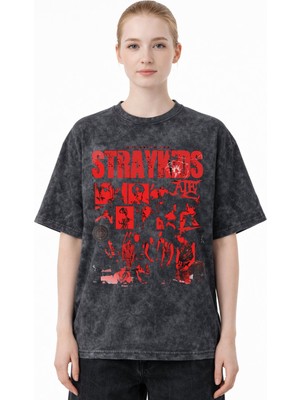 Sevbano Tasarım Stray Kids Müzik Grubu Baskılı Unisex Oversize Eskitme Yıkamalı Tişört