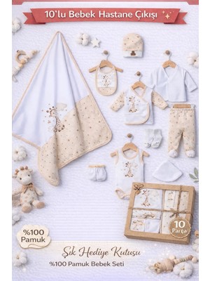 Concon Hediye Kutulu Yenidoğan 10’lu Organik Hastane Çıkış Seti %100 Pamuk Doğum Hediyesi için Yıldızlı Zürafa Figürlü Unisex