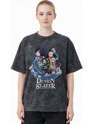 Sevbano Tasarım Demon Slayer Kimetsu No Yaiba Anime Baskılı Unisex Oversize Eskitme Yıkamalı Tişört