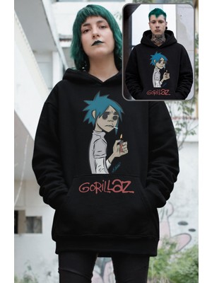 Fuddy Moda Unisex Gorillaz Kanguru Cep Baskılı Kapüşonlu Sweatshirt, Oversize Müzik Grubu Temalı Hoodie