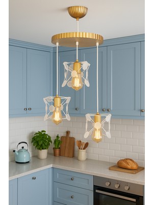 Allians Şık Modern Avize, 3'lü Sarkıt Cam, Metal Beyaz ve Gold Detaylar