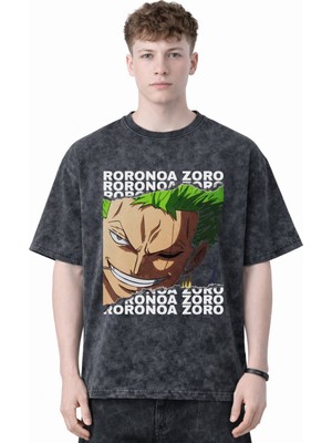 Sevbano Tasarım Roronoa Zoro One Piece Anime Baskılı Unisex Oversize Eskitme Yıkamalı Tişört