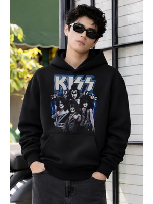 Fuddy Moda Unisex Rock Band Kiss Baskılı Kapüşonlu Sweatshirt, Oversize Rock Müzik Temalı Hoodie