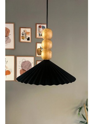 Allians Modern Siyah Metal Avize, Ahşap ve Boncuk Detaylı Sarkıt Aydınlatma