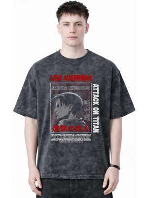 Sevbano Levi Ackerman Attack On Titan Anime Baskılı Unisex Oversize Eskitme Yıkamalı Tişört