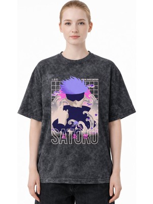 Sevbano Gojo Satoru Jujutsu Kaisen Anime Baskılı Unisex Oversize Eskitme Yıkamalı Tişört